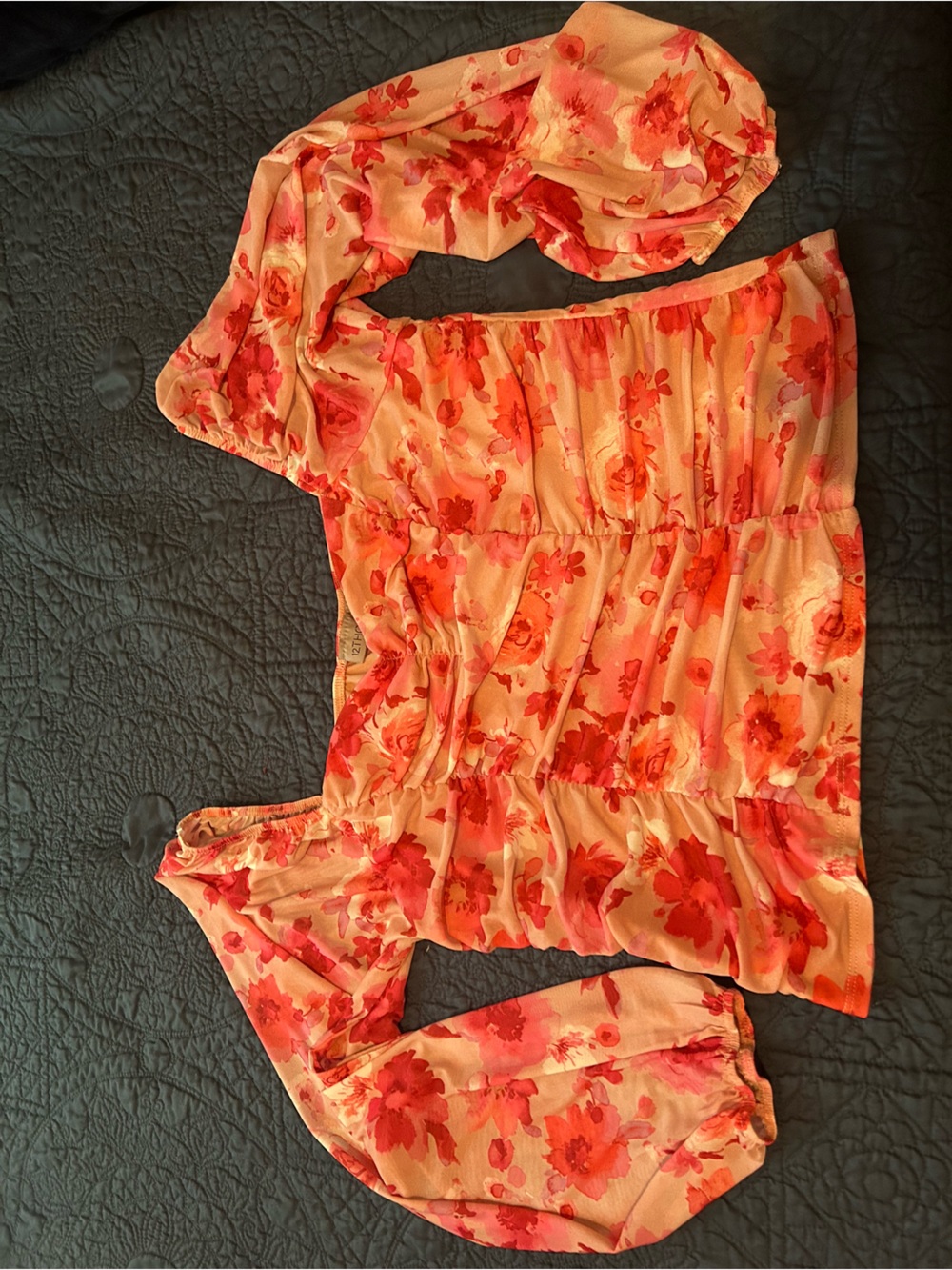 Peach Floral crop Top with Pink Coral Blooms